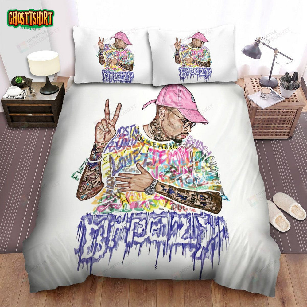 Chris Brown Showing V Sign Artwork Bed Sheets Spread Duvet Cover Bedding Set