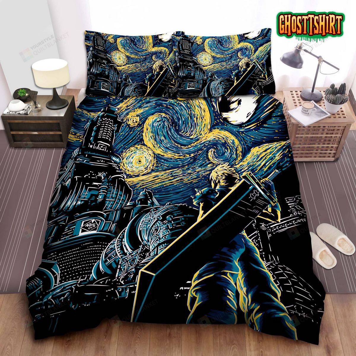 Cloud Strife From Final Fantasy Vii In Starry Artwork Bed Sheets Duvet Cover Bedding Set