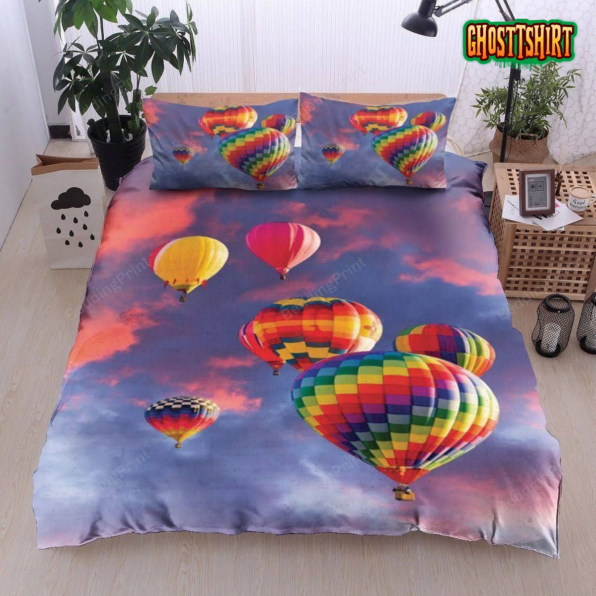 Colored Hot Air Balloon Flying In The Purple Sky Bed Sheets Duvet Cover Bedding Set
