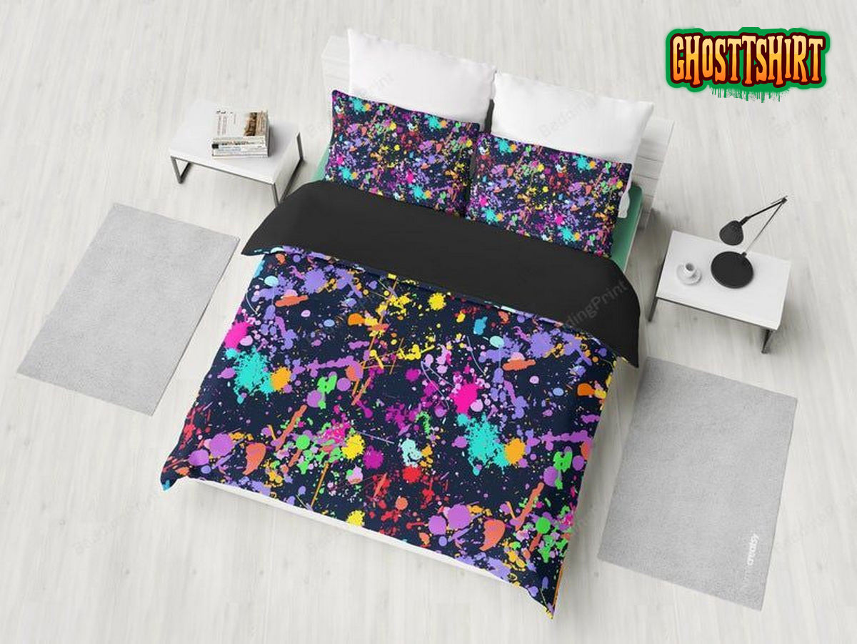 Colorful Paint Splatter Abstract Art Black Duvet Cover Bedding Set