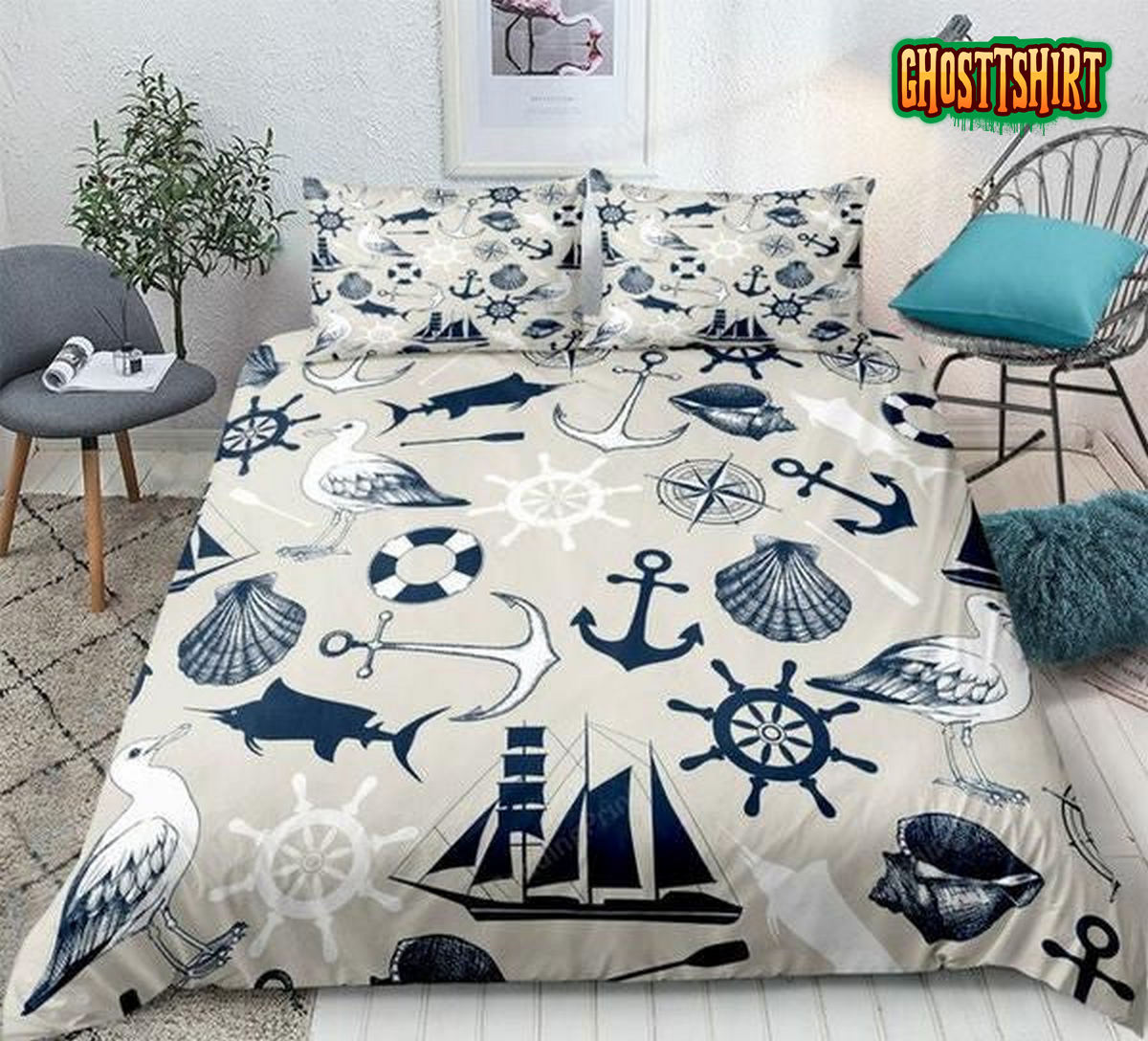 Compass Shell Sailboat Bed Sheets Duvet Cover Bedding Set