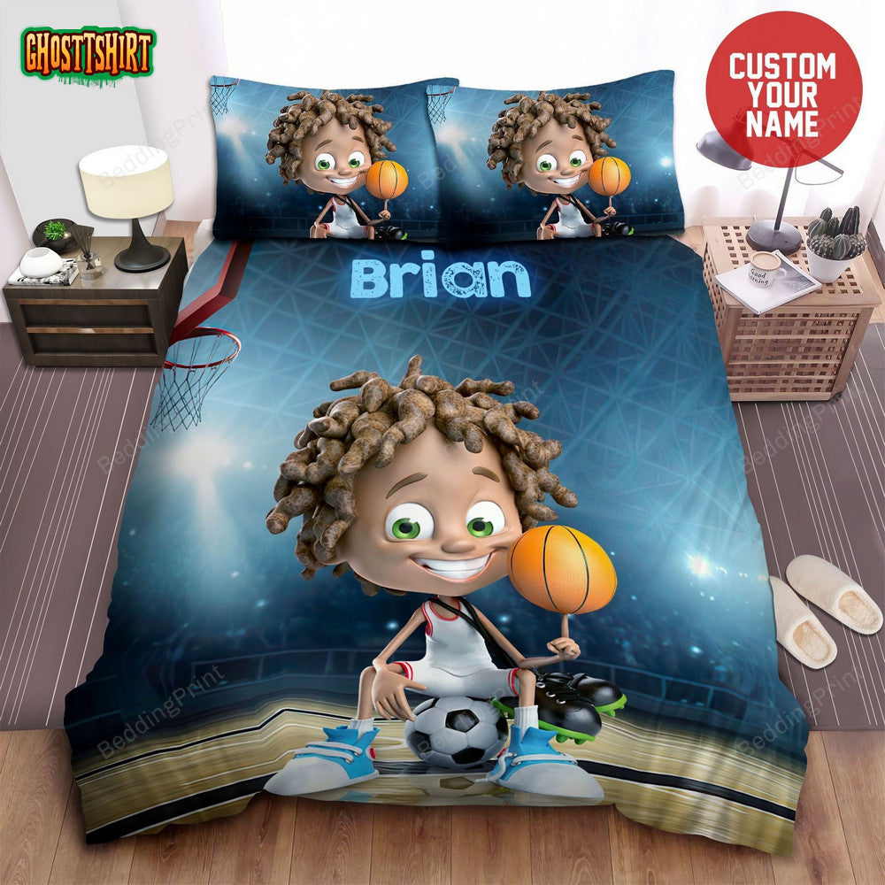 Cool Black Boy Loving Sports Afro Boy Custom Name Duvet Cover Bedding Set