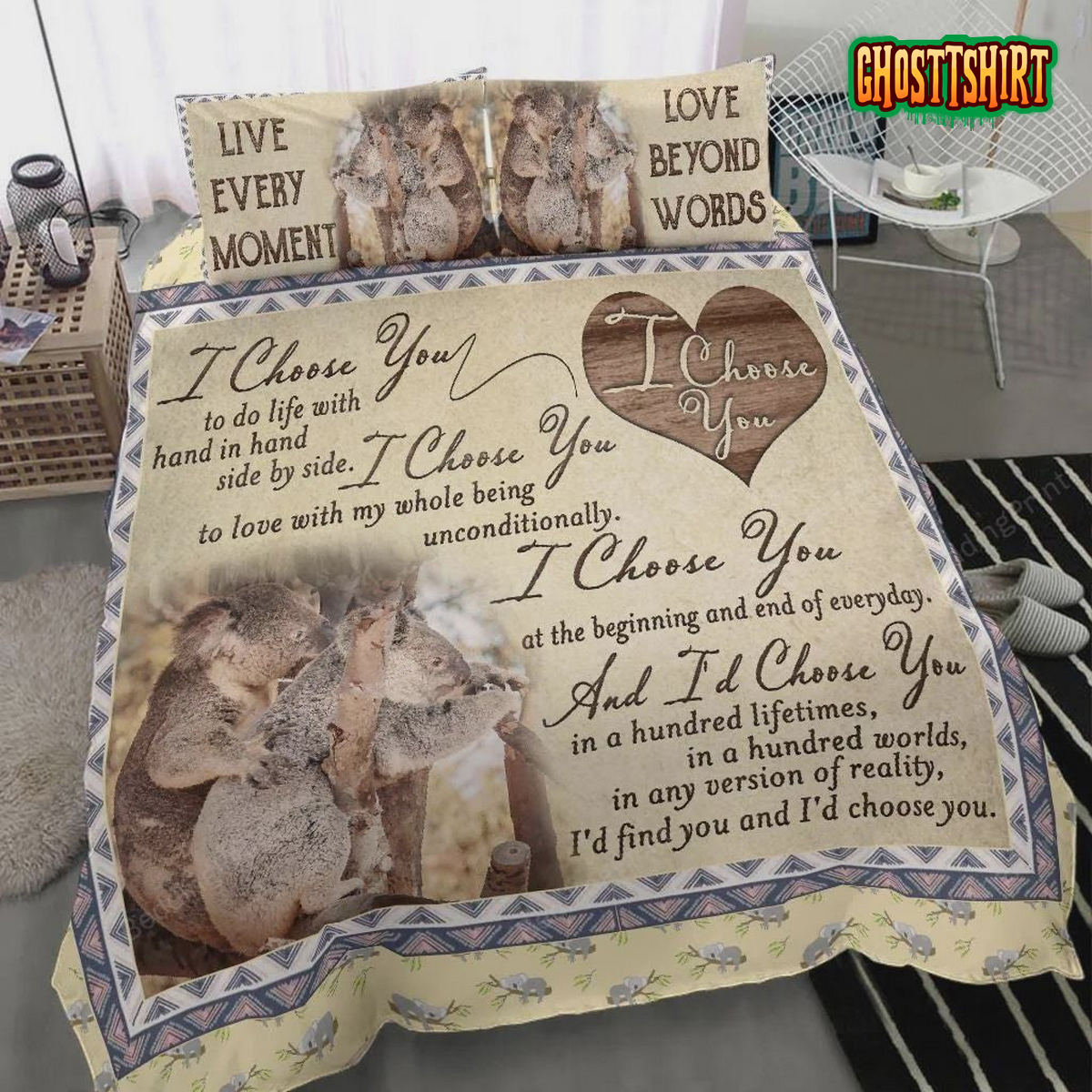 Couple Koala I Choose You Wooden Heart Duvet Cover Bedding Set