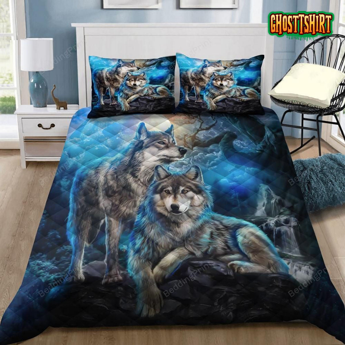 Couple Wolves Blacklight Blue Bed Sheets Duvet Cover Bedding Set