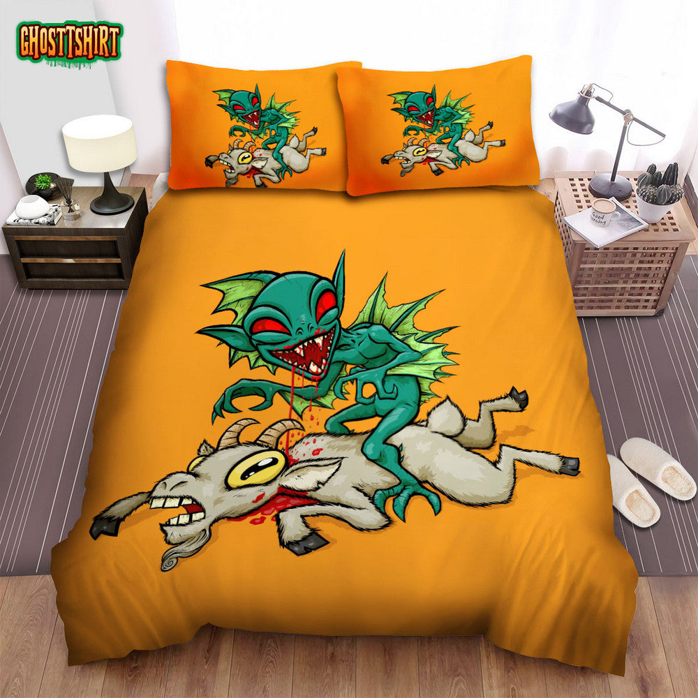 Creepy Cartoon Chupacabra Kills A Goat Bed Sheets Spread Duvet Cover Bedding Set