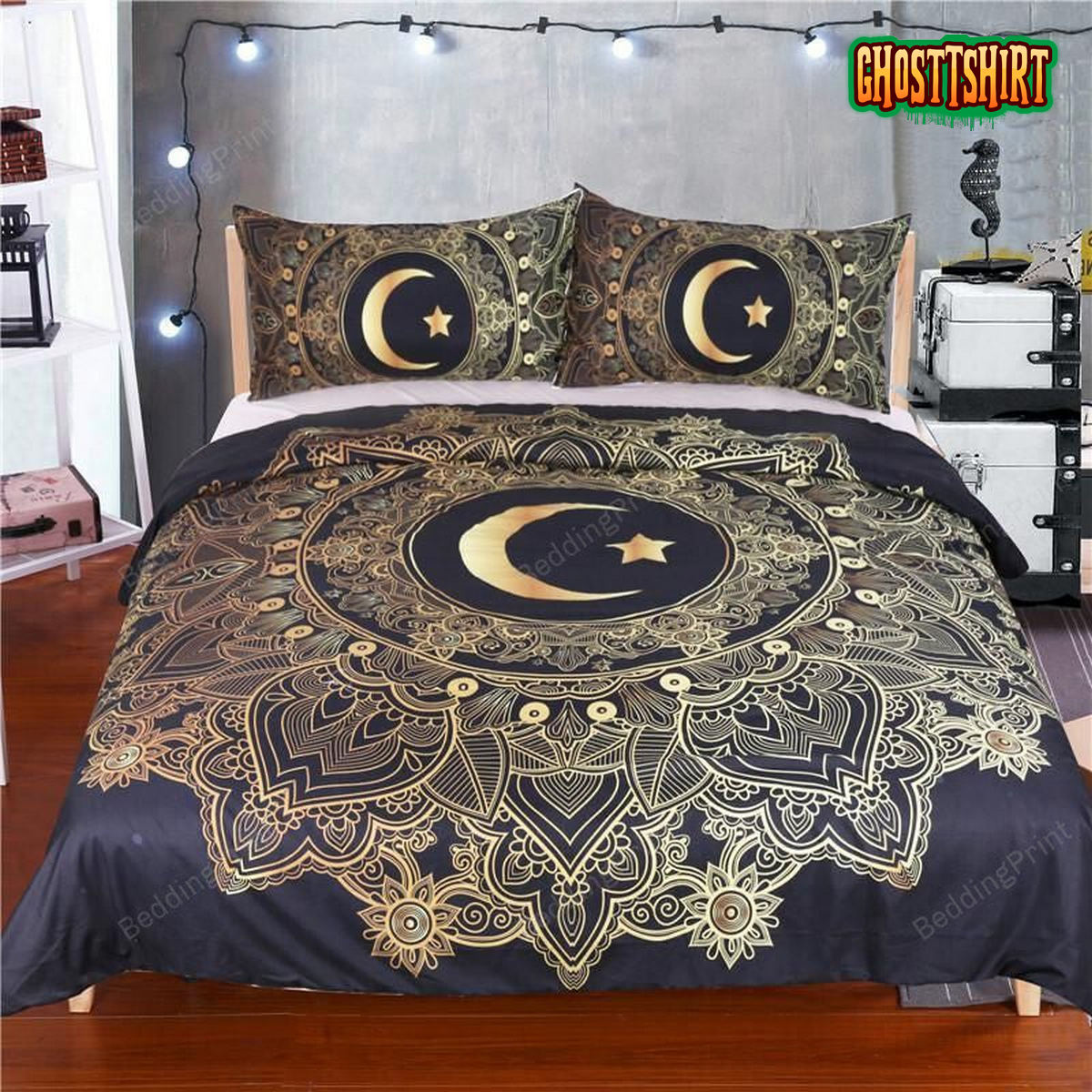 Crescent Golden Moon Mandala Bed Sheets Spread Duvet Cover Bedding Set