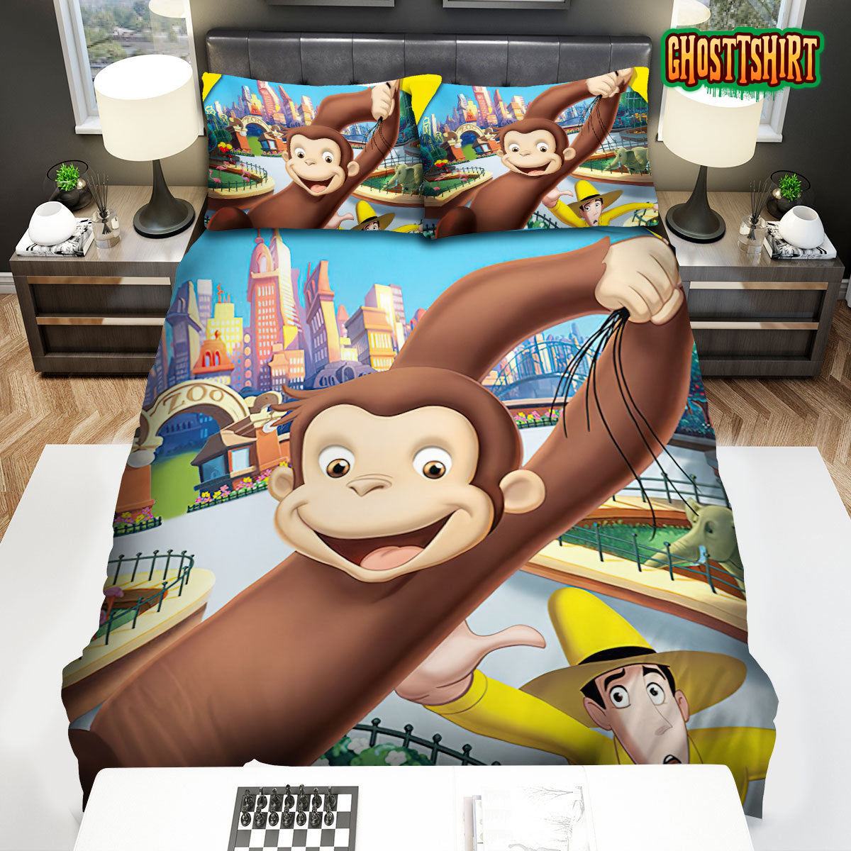 Curious George Flying Up To The Sky Bed Sheets Spread Duvet Cover Bedding Set