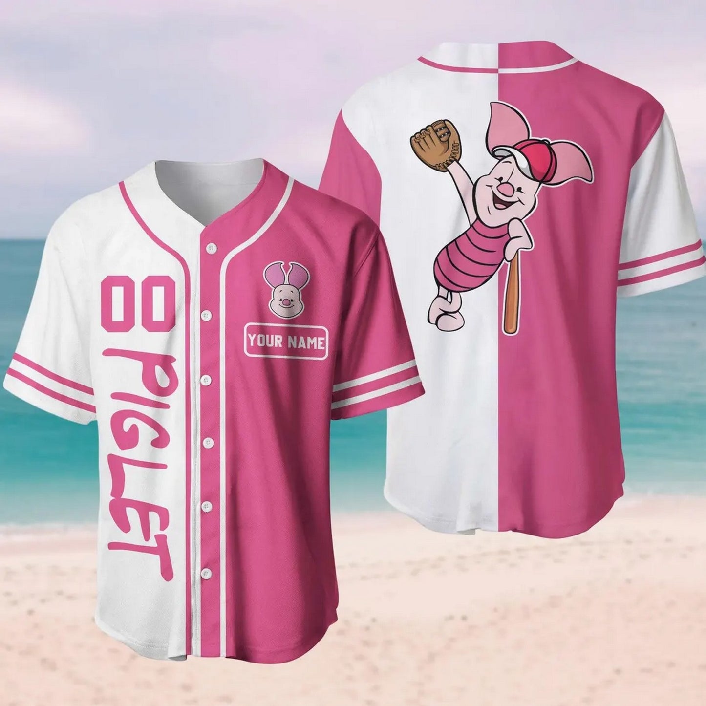 Custom Name Winnie The Pooh Piglet Pink White Baseball Jersey