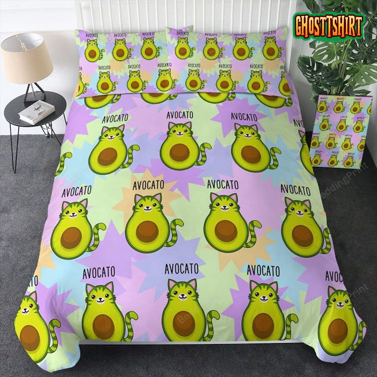 Cute Avacado Cat Pattern Bed Sheets Duvet Cover Bedding Set