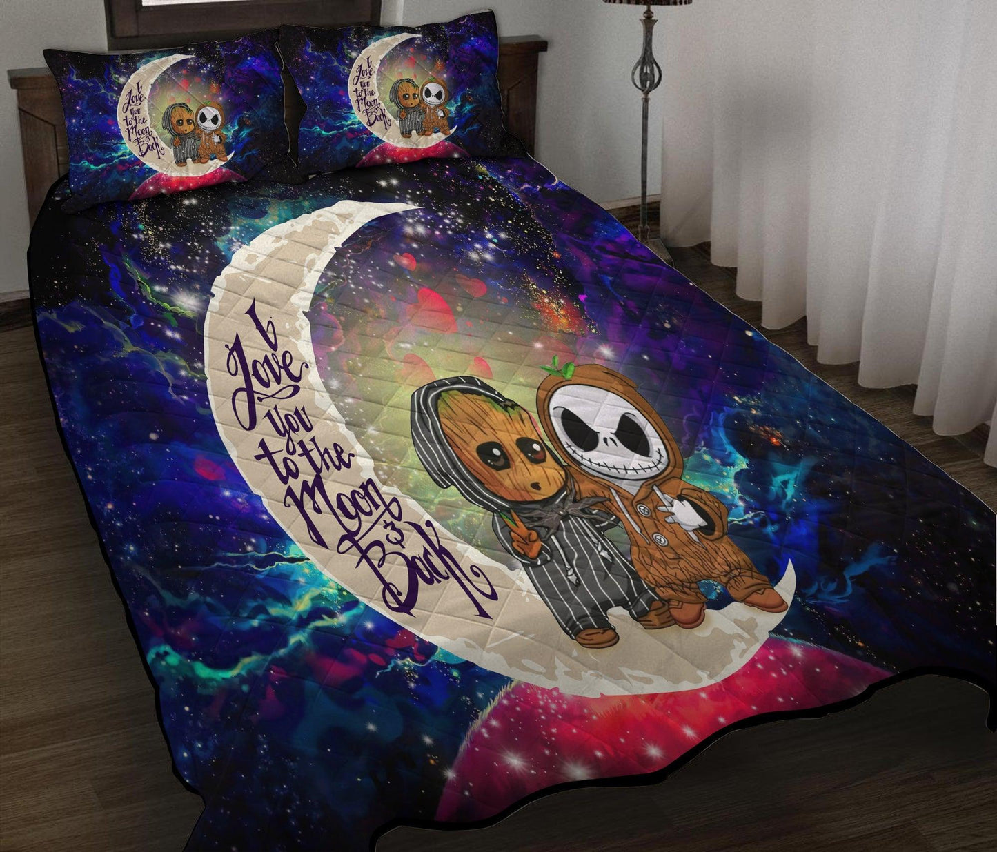 Personalized Baby Groot Jack Nightmare Before Christmas Galaxy 3-pc Quilt Bedding Set