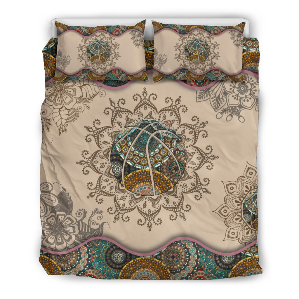 Basketball Duvet Cover Set, Basketball Ball Boho Player Fan Gift Mandala Pattern Vintage Brown Duvet Cover & Pillowcases, Bedding Set