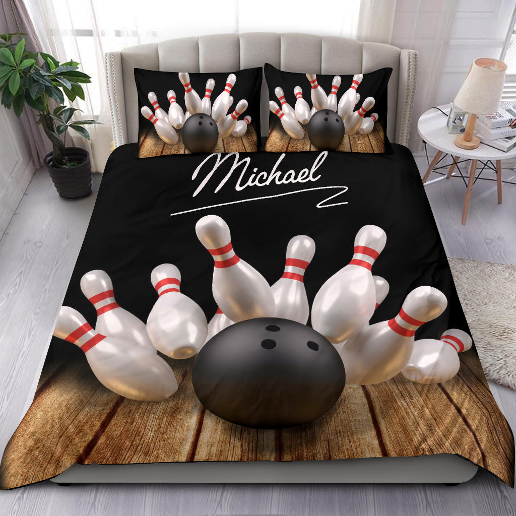 Bowling Duvet Cover Set, Bowling Pin Ball Bowler Player Unique Gift Idea Duvet Cover & Pillowcases, Bedding Set