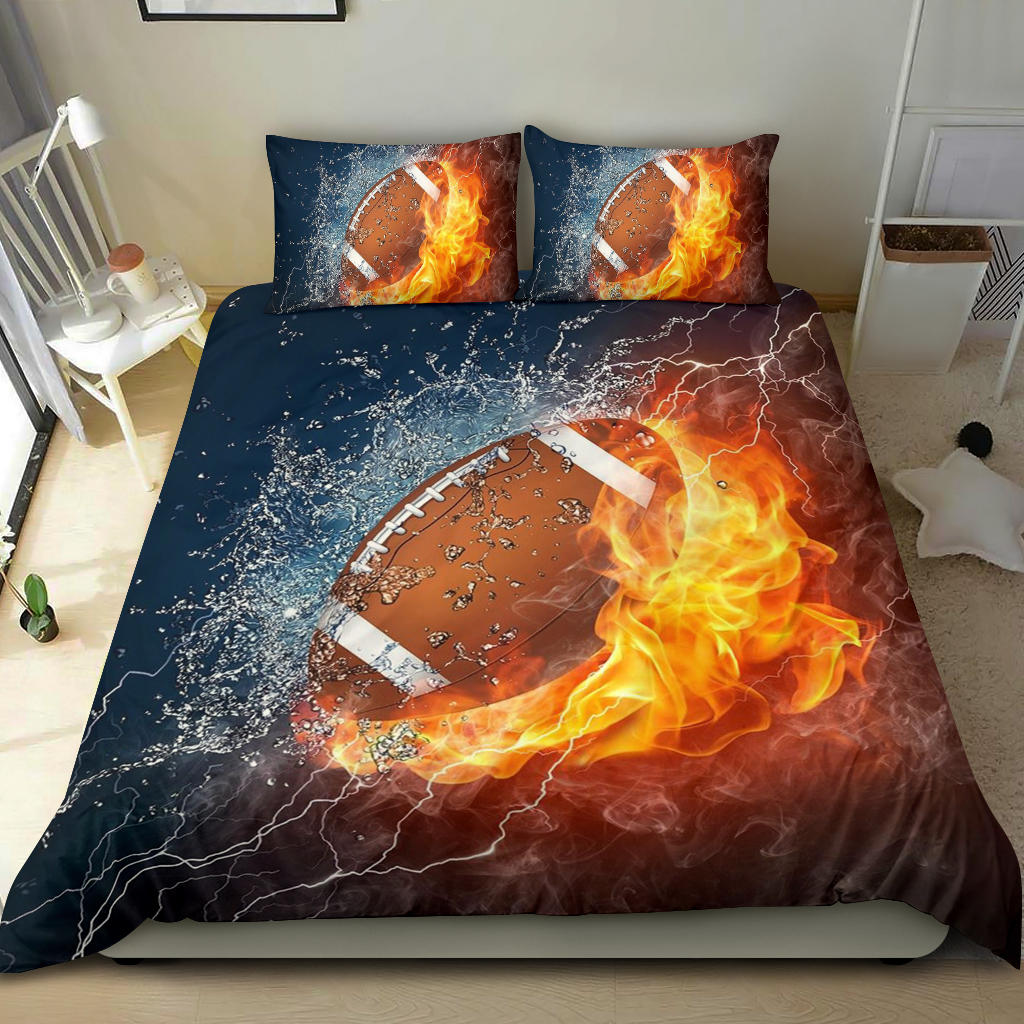 Football Duvet Cover Set, America Football Ball Fire Water Player Gift Idea Duvet Cover & Pillowcases, Bedding Set