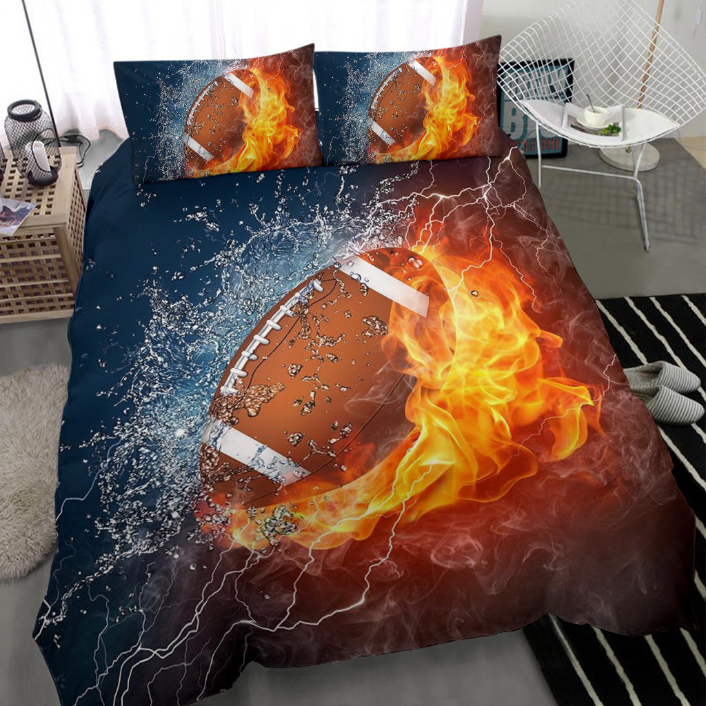 Football Duvet Cover Set, America Football Ball Fire Water Player Gift Idea Duvet Cover & Pillowcases, Bedding Set