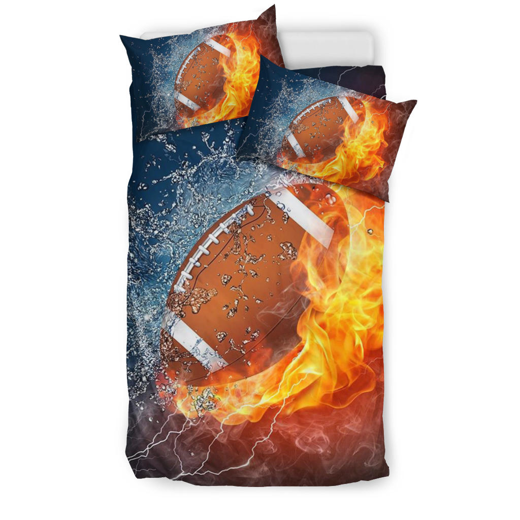 Football Duvet Cover Set, America Football Ball Fire Water Player Gift Idea Duvet Cover & Pillowcases, Bedding Set