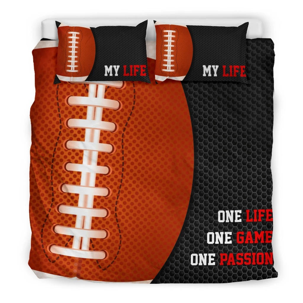 Football Duvet Cover Set, America Football Ball Life Pasion Player Gift Idea Black Duvet Cover & Pillowcases, Bedding Set