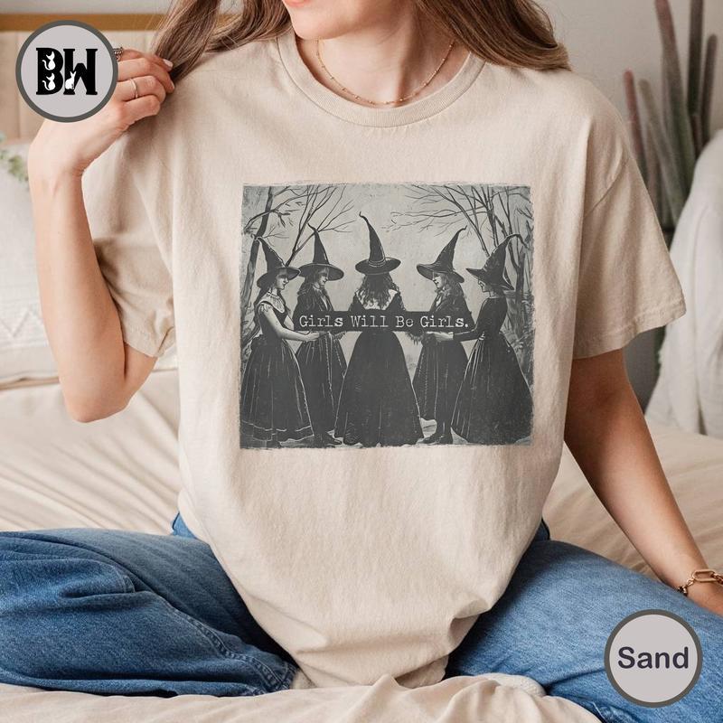 Vintage Girls Will Be Girls W.i.t.ch Shirt, Funny W.i.t.ch Vintage Shirt, Vintage Halloween Women Shirt Cotton Fabric