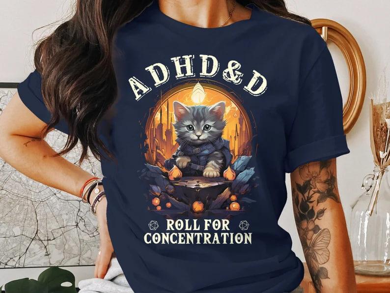 ADHD&D Roll for Concentration Sweatshirt, ADHD&D Cat Shirt, Dungeons and Dragons Dnd T-shirt, DnD Vintage Tee, ADHD Unisex shirt, DnD Shirt, RPG Gift