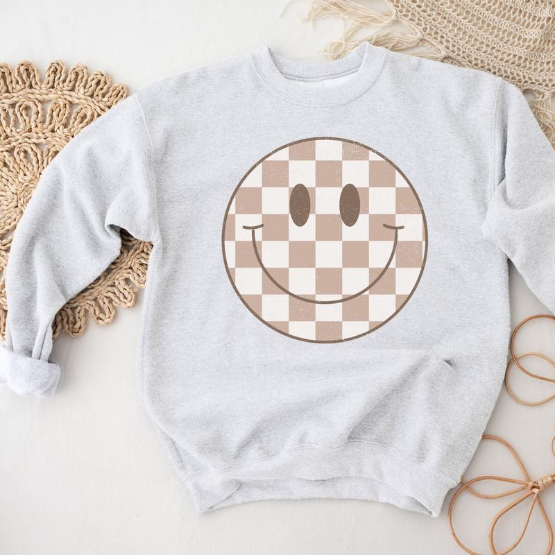 Checked Smiley Crewneck Sweatshirt, Womenswear Soft Printed Sweatshirt, Smiley Face Trendy Cozy Oversized Top