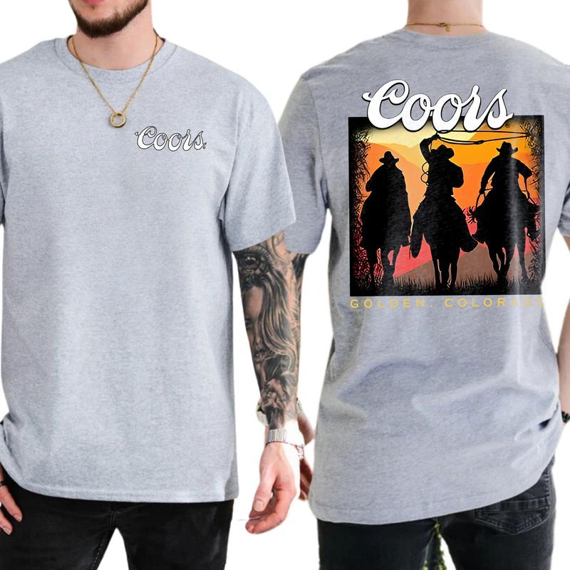 Men's Vintage Sunset Coors Cowboy Shirt 2-Sided, Wild West Cowboy Unisex Graphic Tshirt, Gift For Men, Soft Fabric Casual Menswear, Classic Cotton Top