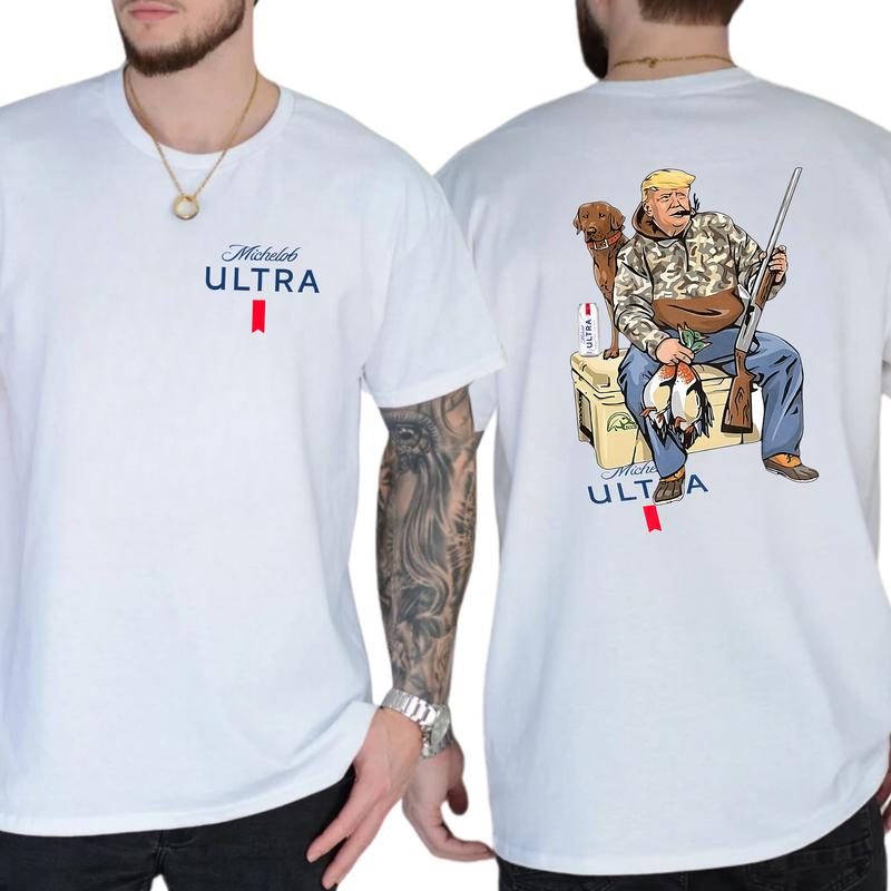 Camo Hunter Trummp With Michelob Ultra Beer Shirt 2-Sided, Funny Men's Hunting T-shirt, Beer Drinking Tee, Unisex Hunt Tops, Classic Casual Menswear