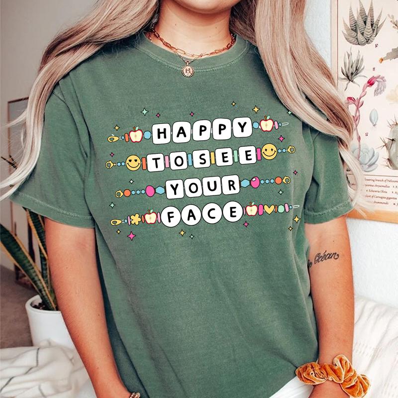 Happy To See Your Face, Teacher Friendship Bracelet Shirt, Teacher Bracelet Tee, Back To School Outfit, Groovy Teacher Shirt, First Day Of School, Tea