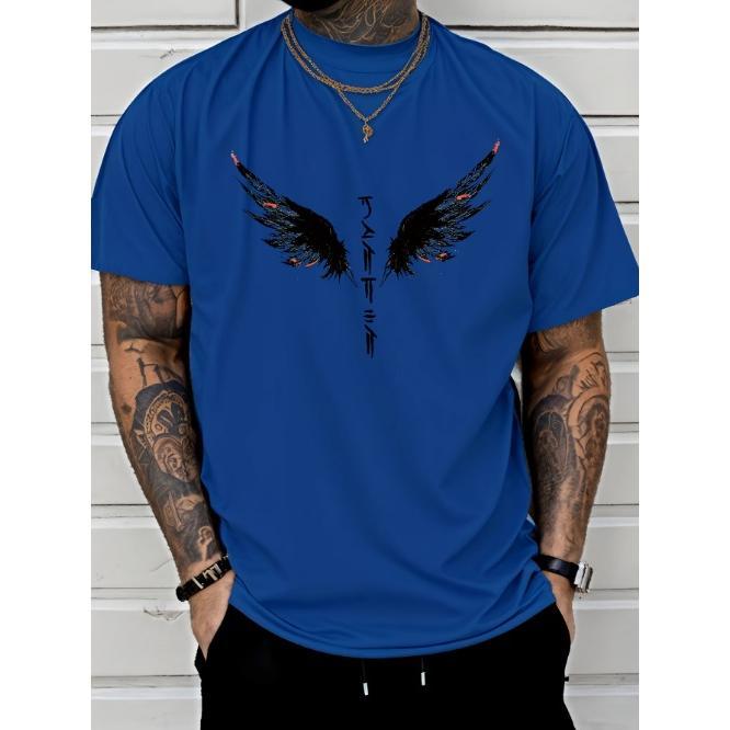 Mens Bold Wings Print T-shirt - Lightweight & Breathable, Casual Short Sleeve Crew Neck - Perfect Summer Outdoor Clothing for Stylish AdventuresMade i