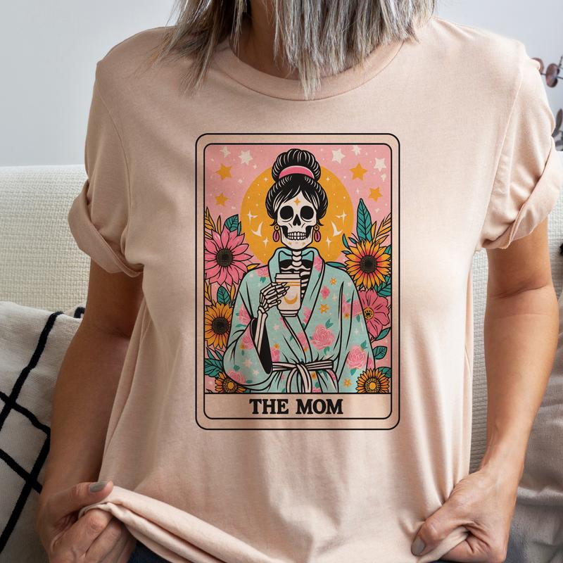 Tarot Skeleton Mom Tees Tarot Card Mom Rocker Tshirts Skull Mom T-Shirts Womens Skull Tees Floral Skull Tops Mom Tarot Tees
