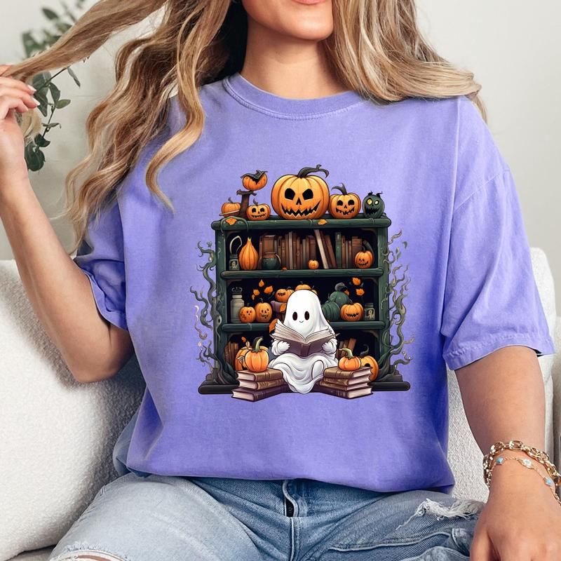Ghost Book Reader Comfort Shirt, Reading Ghost Shirt, Bookish Shirt, Book Lover Shirt, Halloween Ghost Shirt, Fall Shirt for Women Casual Cotton