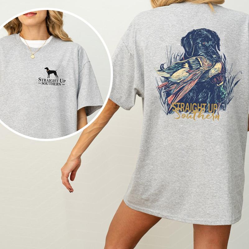 Straight Up Southern Hunting Dog 2 Sided Shirt, Comfort Clothing, Cotton Fabric Tshirt, Printed Women's Top, Casual Womenswear Collar Embroidered