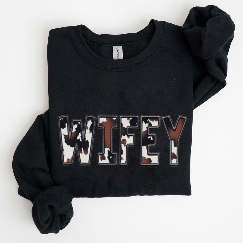 Western Wifey Sweatshirt, Cow Print Wifey Sweatshirt- Printed Classic Cotton