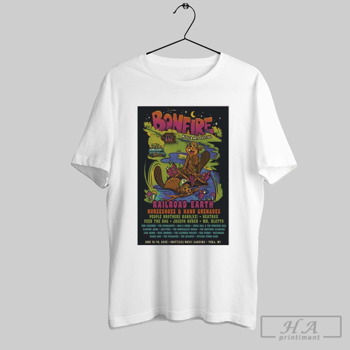 Poster Bonfire Music And Arts Festival Railroad Earth Horseshoes And Hand Grenades June 12 14 2025 Yuba Wi T Shirt