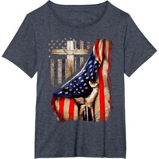 Vintage Mens Faith Over Fear Christian Cross American Flag T-Shirt Made in USA