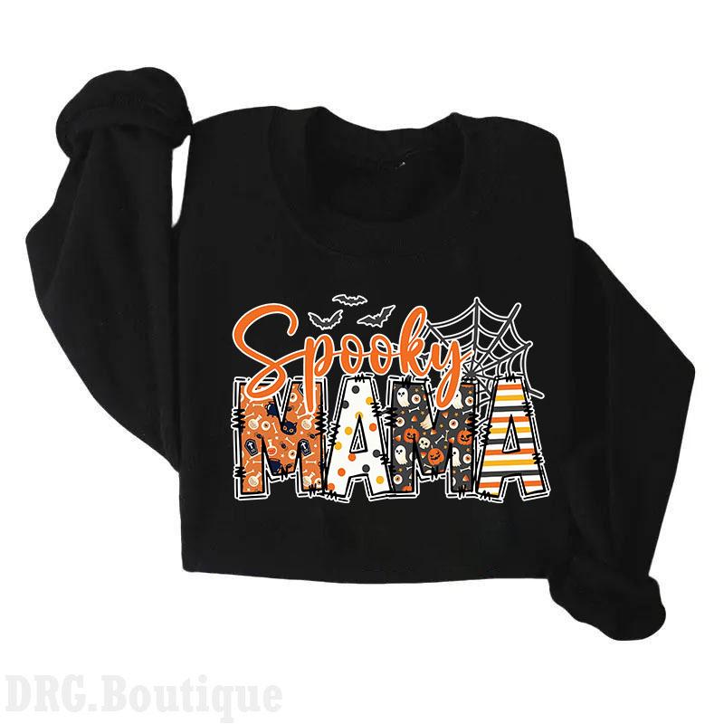 Mama Spooky Halloween Sweatshirt, Crewneck Fall Season Mommy Shirt, Spooky Vibes, Halloween 2024 Merch Women's Shirt, Halloween Gift Sweatshirt Cotton