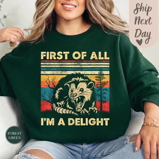 First Of All I'm A Delight Sweatshirt, Angry Possum Sweatshirt, Sarcastic Sweatshirt, Possum Lover Gift, Funny Animal Sweat, Meme Sweatshirt