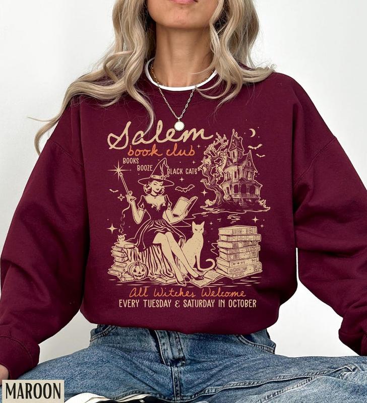 Salem Book Club Sweatshirt, Halloween Crewneck, Retro Halloween Sweatshirt, Vintage 90s Witch Sweatshirt, Halloween Cat Shirt, Bookish Gift, Bookish M