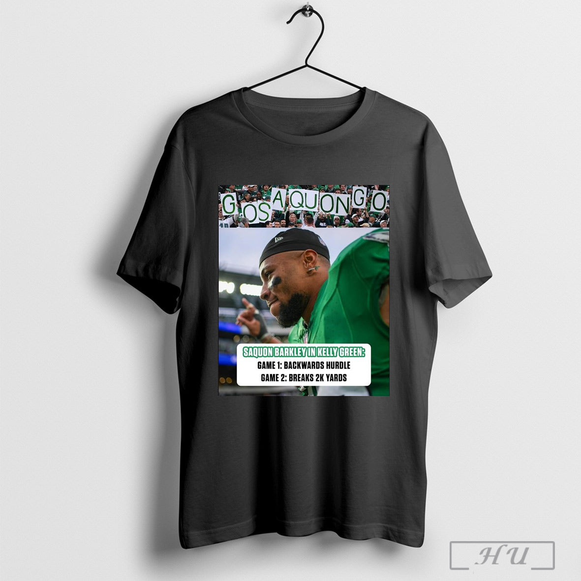 Philadelphia Eagles Saquon Barkley In Kelly Green Game 1 Backwards Hurdle Game 2 Breaks 2k Yards Poster T Shirt