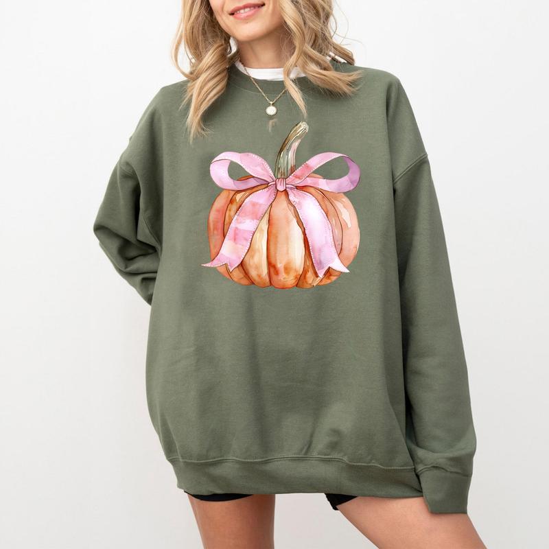 Pumpkin Coquette Bow Sweatshirt, Pink Bow Pumpkin Tee Shirt, Coquette Pumpkin Halloween Sweatshirt, Pumpkin Season Bow Shirt, Coquette Pumpkin Hallowe