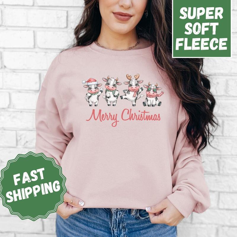 Merry Christmas Cows Crewneck Sweatshirt, Womenswear Christmas Soft Printed Sweatshirt, Cozy Holiday Oversized Top