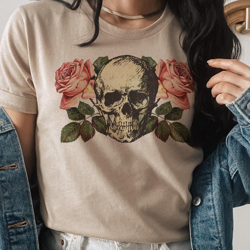 Skull Tee Sarcastic T-Shirt Floral Skeleton Tshirt Girly Skull Tops Floral Skull T-Shirt Short Sleeve Shirt Womens Casual Tee Trending Rocker Tee Craz