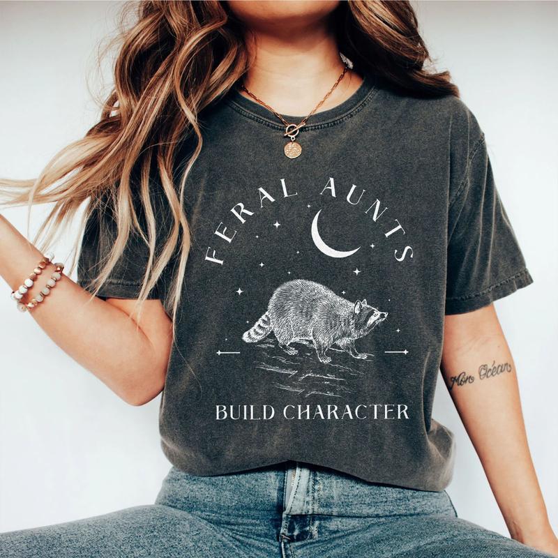 Feral Aunts Build Character Shirt, Raccoon Lover Aunt Shirt, Vintage Raccoon Art Crescent Moon Tee, Whimsigoth Aunty Tee, Aunty Shirt, Weird Gifts For