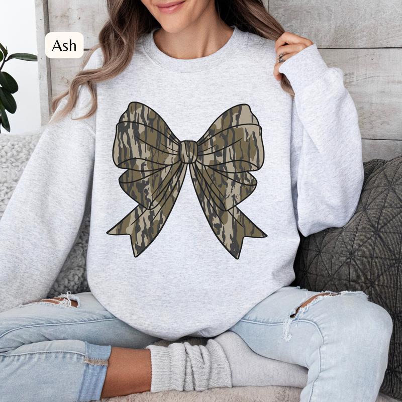 Coquette Camo Bow Sweatshirt, Camo Crewneck, Women's Hunting Sweatshirt, Wife Hunting Crewneck, Dove Hunting Duck Hunting Crewneck Sweatshirt for Wome
