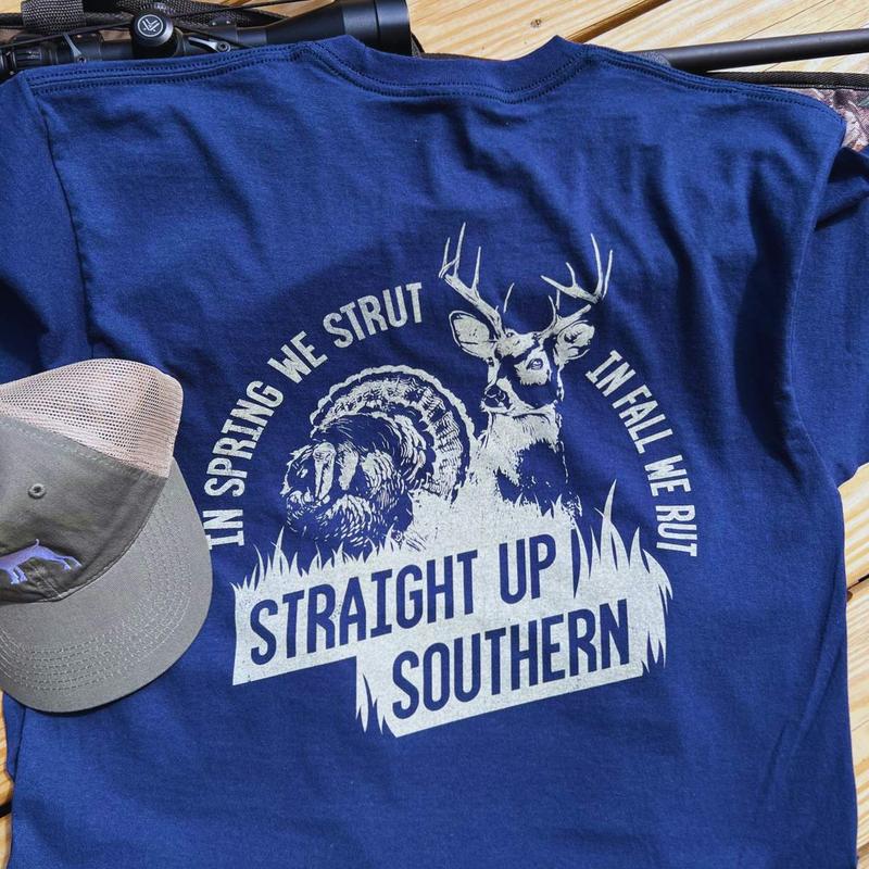 Strut and Rut - Turkey and Whitetail Buck Hunting T-Shirt - Navy Classic Collar