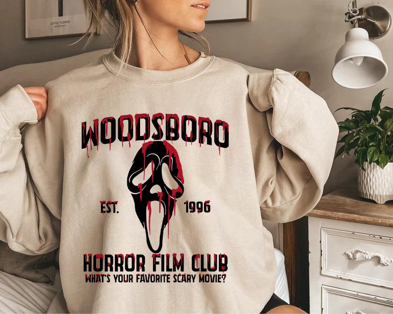 Woodsboro Halloween Sweatshirt, Halloween Film Club Sweatshirt, Woodsboro Scream Shirt, Scream Ghostface Sweater, Ghostface Halloween Sweater, Scary M