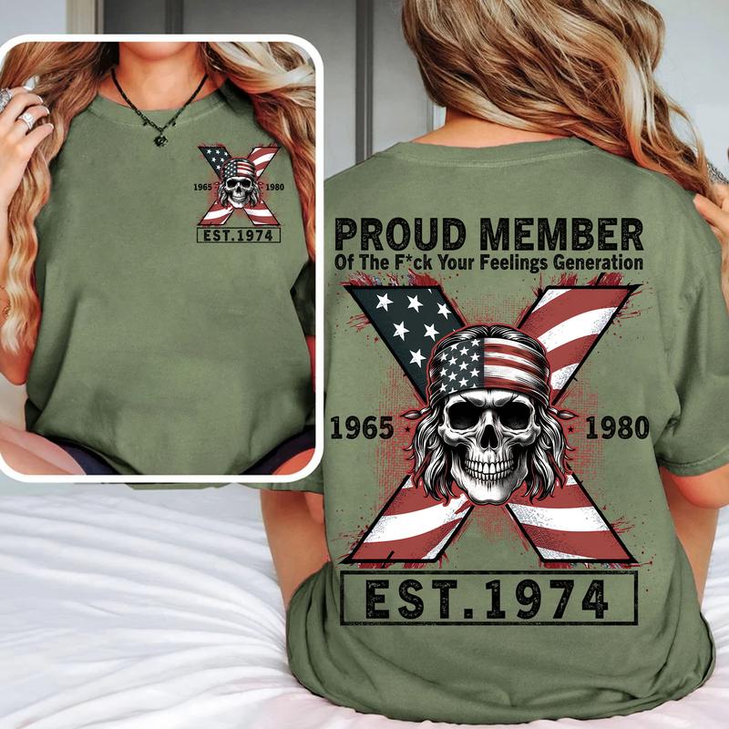 Custom Est.Year 1974 Proud Member GenerationX 2 Side Flag Skull Shirt, GenX T-shirt, Skull Generation X Shirt, Flag Skull Shirt