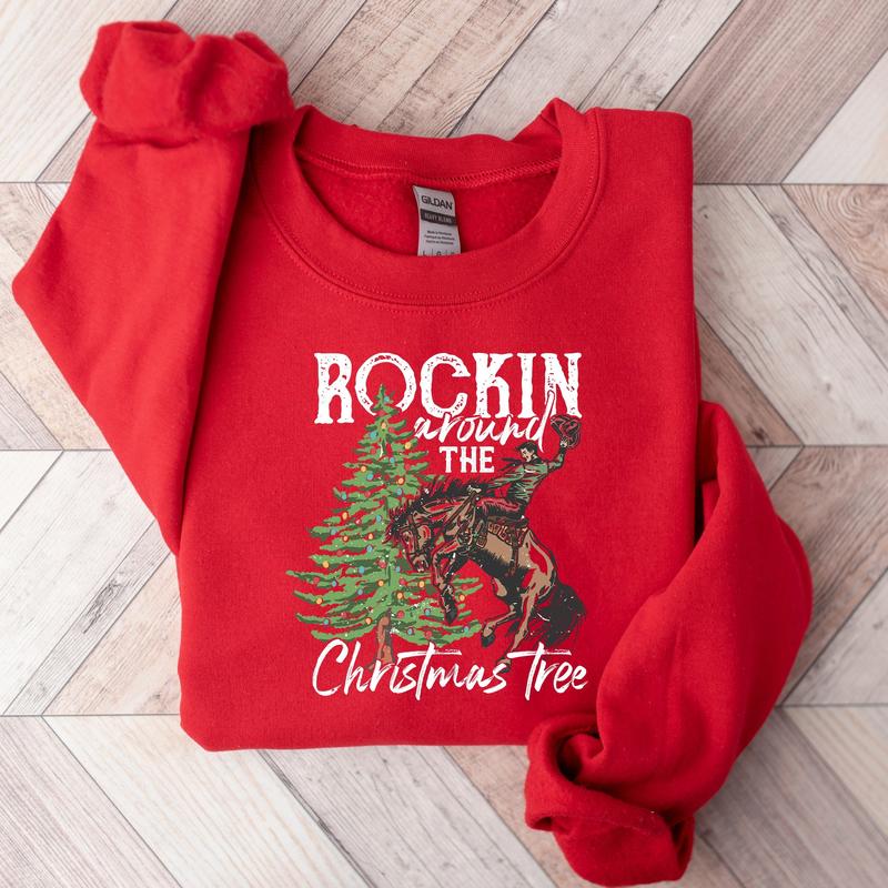 Rocking Around The Christmas Tree Sweatshirt,Retro Christmas Western Shirt,Cowboy Christmas Shirt,Yee Haw Howdy Christmas,Women's Christmas