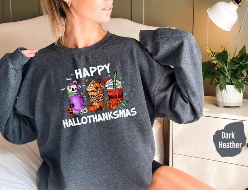 Happy HalloThanksMas Coffe Shirt - Sweatshirt - Hoodie, Funny Gnome Sweatshirt, Cute Drinking T-shirt, Women Christmas Shirt, Thanksgiving Tee, Hallow