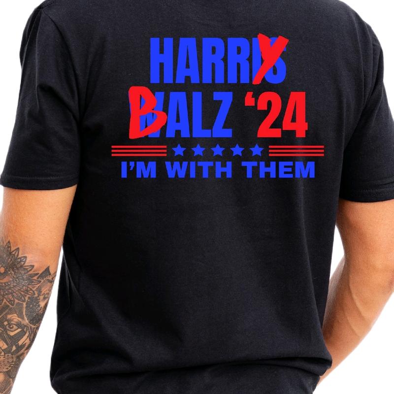 Republican Harris Walz '24 Tshirt Menswear Cotton T-Shirt Top, Casual Crewneck trump shirt t shirt funny meme