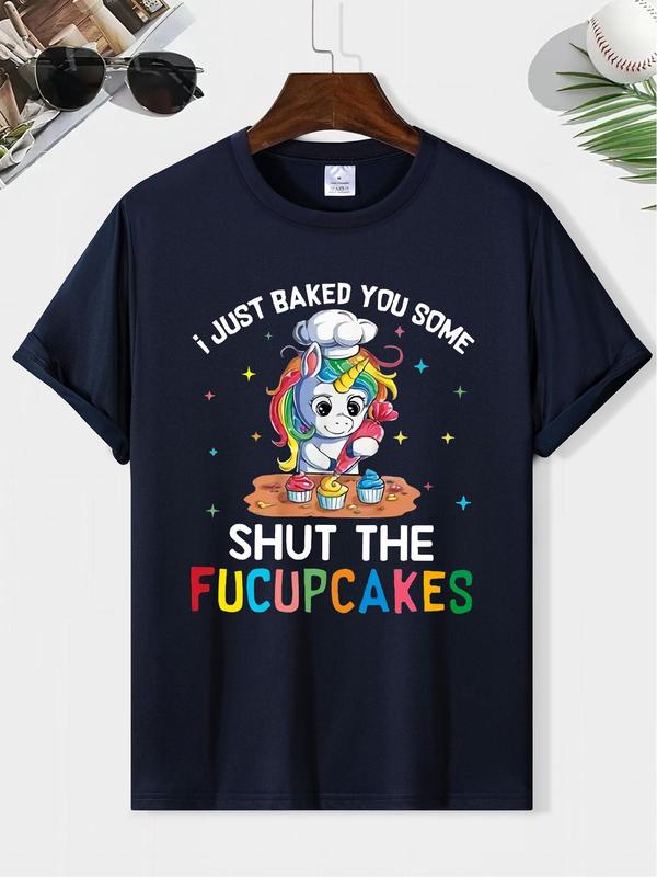 Men's Classic Cartoon & Letter Print Tee, Regular Fit Round Neck Summer Short Sleeve T-shirt, Comfortable Casual Men’s Vintage Streetwear