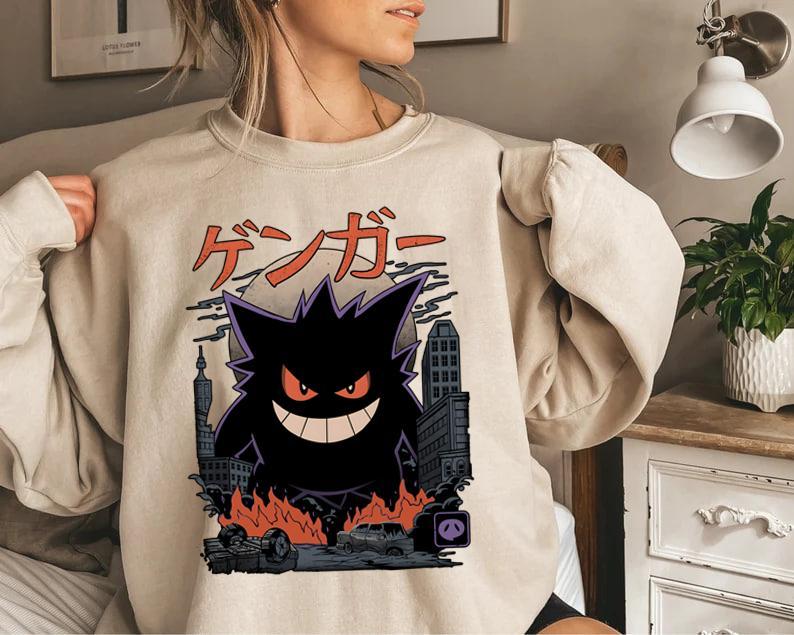 Gengar SWEATSHIRTS Dark Ghost Kaiju Japanese Style SWEATSHIRTS Japanese Anime Movie Film Nerd Gaming Novelty Funny Unisex Sweatshirts